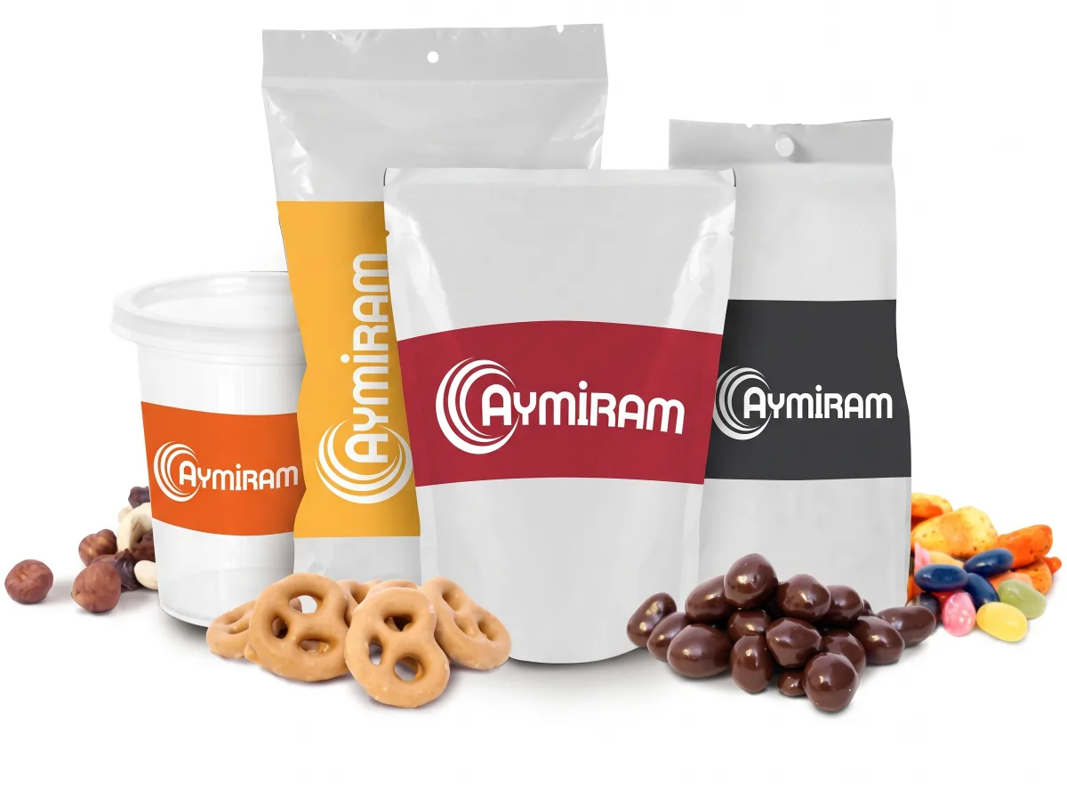 Aymiram branded flexible packaging: stand-up pouches, food packaging and a disposable tub